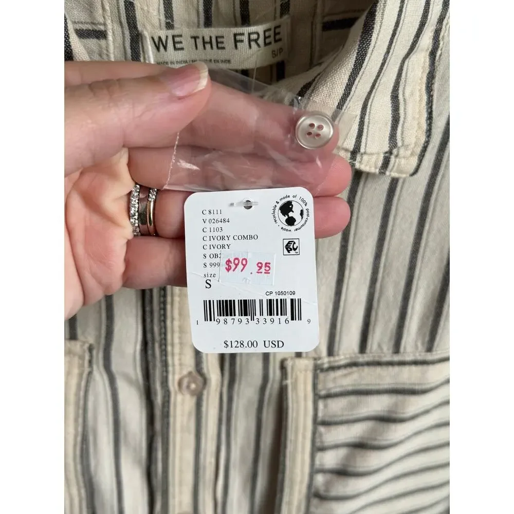 We The Free Christopher Linen Striped Short Sleeve Button-Up Shirt Beige S NWT - Picture 8 of 9